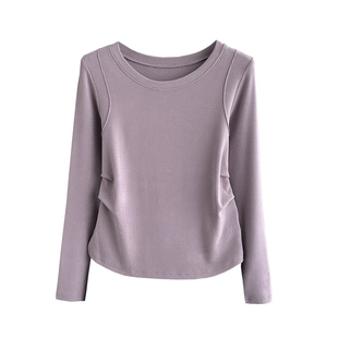 正肩紫色秋冬季螺纹打底衫女加厚显瘦圆领内搭遮肚子保暖长袖上衣