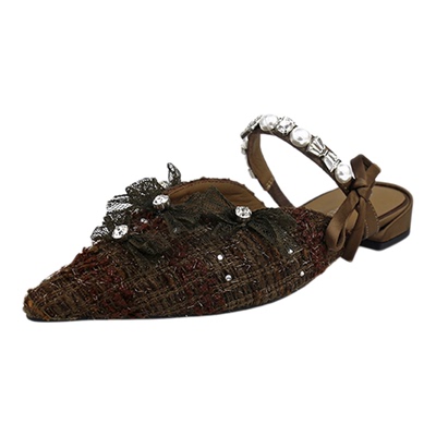 可媚尖头小香钻布面蕾丝低跟拖鞋