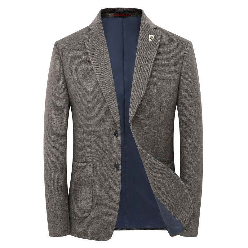 皮尔卡丹羊毛西服男士秋冬高端商务休闲毛呢便服西装单西外套大码