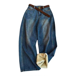 立体剪裁复合加绒牛仔裤女欧洲站2025冬装新款欧货女装阔腿裤子潮