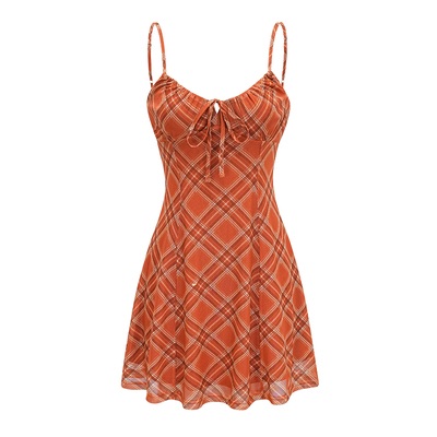 自制欧美风复古橘色格子吊带裙