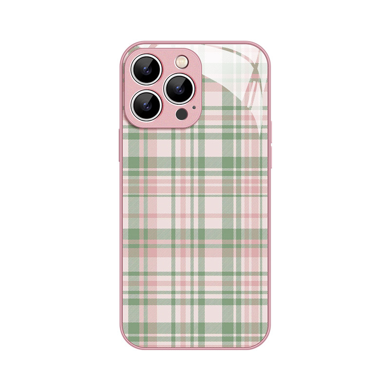 灰粉~粉绿简约格纹高级感适用iPhone16promax手机壳新华为mate60小米15opporeno14苹果13玻璃一加ACE3红米k80