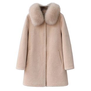 羊剪绒大衣女2025冬新中长款狐狸毛领妈妈海宁羊羔毛颗粒皮草外套