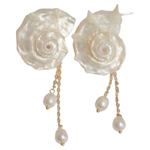 《白螺听潮》原创清冷仙气复古白色海螺淡水珍珠流苏度假耳环耳夹