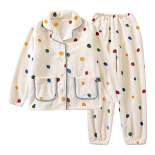 保暖秋冬季法兰绒女款翻领睡衣套装加绒加厚带口袋收口长袖家居服