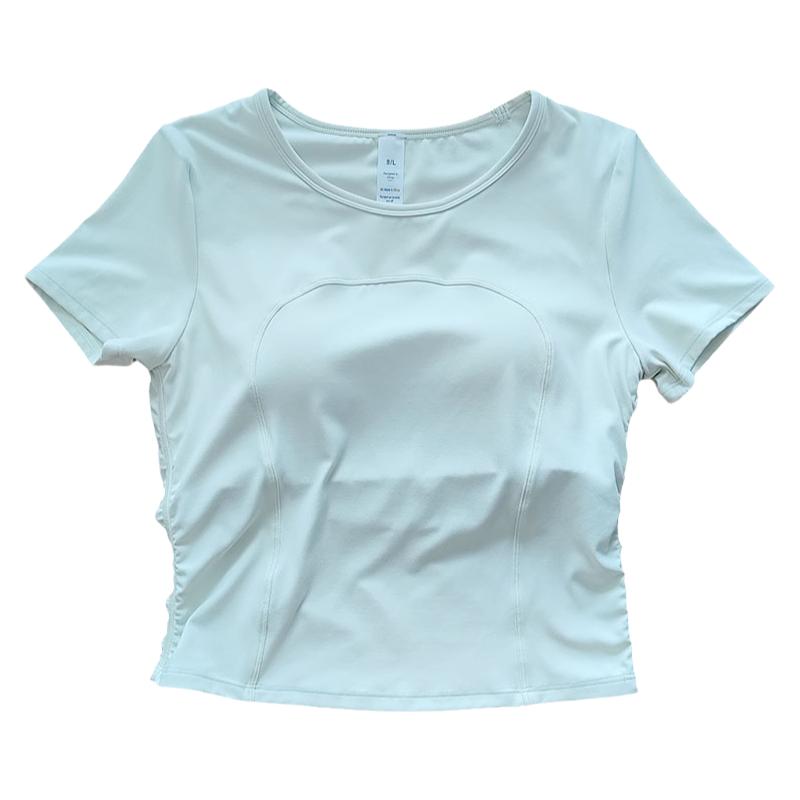 莱卡一体式带胸垫短袖瑜伽t恤女修身显瘦圆领健身服健美服健身衣