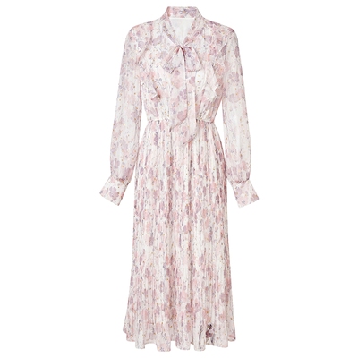 马天奴粉色印花飘带长袖连衣裙