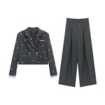 Basic House/百家好气质通勤刺绣短款西装外套阔腿裤女时尚套装