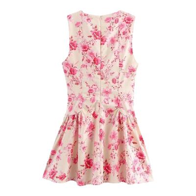 映山红印花连体裤式府绸连衣裙