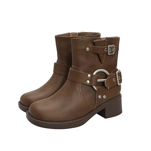 吉拾予加肥加宽大码女鞋英伦风复古皮带扣5公分马丁靴粗跟短靴