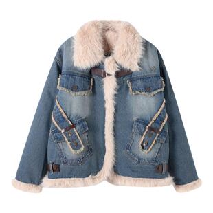 FPMZ毛领撞色牛仔爱心皮扣口袋夹棉外套水洗做旧美式复古毛边棉服