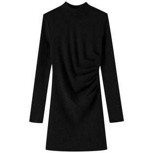 黑色针织连衣裙女半高领长袖修身包臀裙气质显身材内搭打底裙秋冬