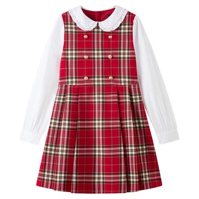 elandkids女童格子百褶连衣裙