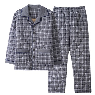 浪莎加厚纯棉夹棉睡衣男士冬季三层加棉中老年爸爸秋冬格子家居服