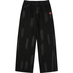 ecko红犀牛 黑色直筒阔腿裤水洗复古做旧牛仔裤2025冬季新款长裤