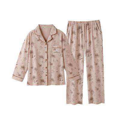 浪莎纯棉带胸垫睡衣女春秋季长袖