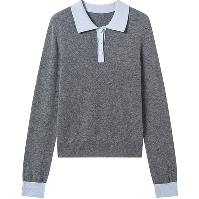 衣香丽影100%云绒羊毛撞色针织衫女2026年春装新款复古氛围感上衣