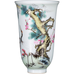 钟家窑陶瓷主人杯 景德镇茶具手绘高档珐琅彩松鹤延年高脚闻香杯