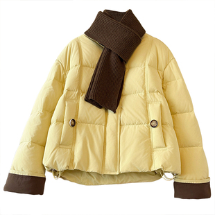 韩系超好看蓝色短款面包羽绒服配针织围巾女2025冬装新款加厚外套