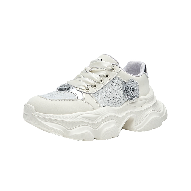 HR赫莲娜女鞋子2025年秋季新款绣花银色运动鞋休闲百搭厚底老爹鞋