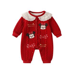 迪士尼卡通风米妮连体衣女宝宝秋冬加绒保暖翻领爬服百天满月哈衣