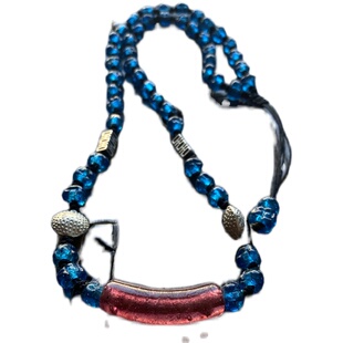 清代异形老琉璃珠子湖水蓝8-10mm藏式手工不规则压花雕花项链手串