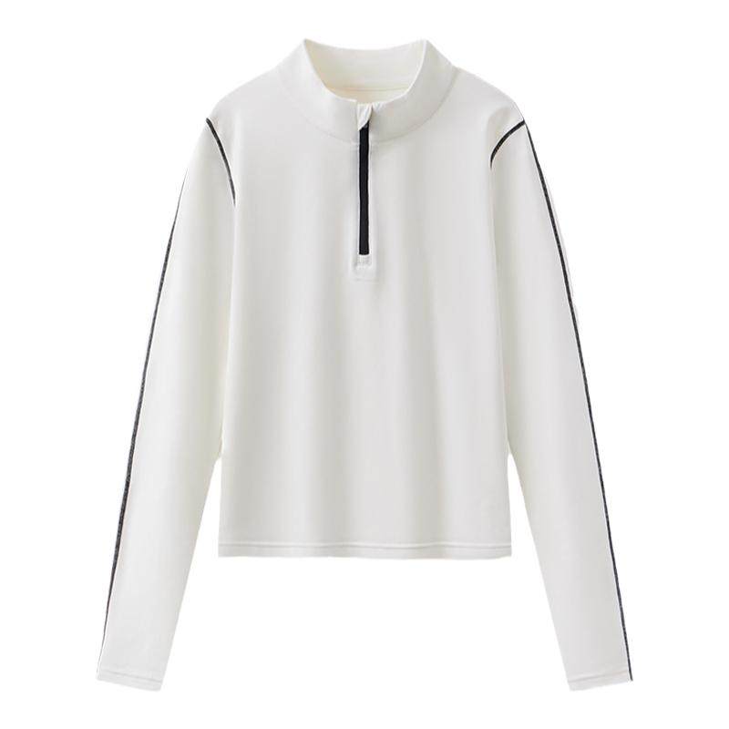 CLOUDSPACE【白巧T】棉莱赛尔撞色半拉链小立领长袖T恤女春季上衣