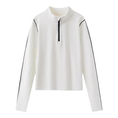 CLOUDSPACE【白巧T】棉莱赛尔撞色半拉链小立领长袖2025春秋T恤女