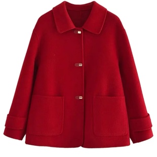 红色双面毛呢大衣女短款2025秋冬新款高级感显瘦洋气减龄毛呢外套