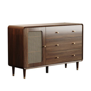 斗柜客厅收纳柜小立柜复古藤编实木腿置物柜卧室靠墙储物柜抽屉柜