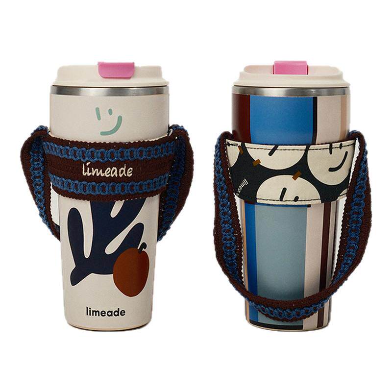 limeade原创橘子几何保温杯 双饮口保冷304不锈钢 手提杯套随行杯