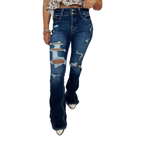 O 69714 Distressed Mid Waist Flared Jeans 破洞喇叭牛仔裤