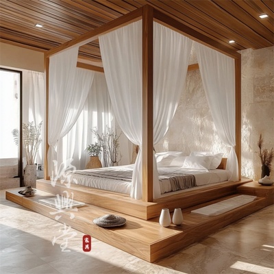 新中式架子床酒店会所定制四柱拔实木双人民宿步源头复古床床工厂