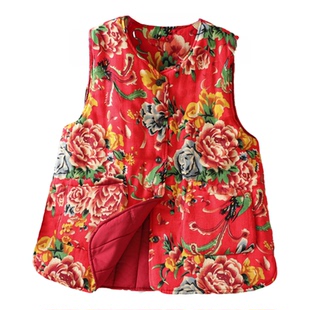 秋冬新款文艺复古百搭东北大花棉麻保暖无袖棉袄马甲背心夹棉坎肩