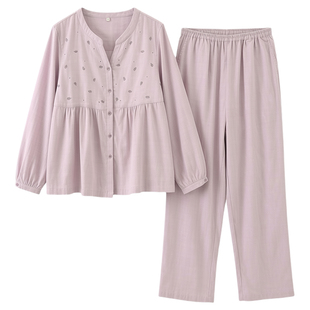 蔓秋高级感防凸点睡衣女纯棉纱春夏季圆领刺绣长袖开衫家居服套装