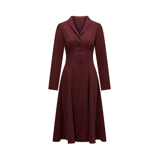 Chings复古收腰单排扣连衣裙 高腰A字显瘦开衩大摆伞裙长袖混纺裙