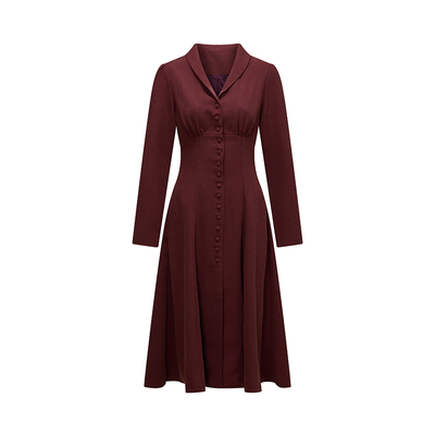 Chings复古收腰单排扣连衣裙 高腰A字显瘦开衩大摆伞裙长袖混纺裙