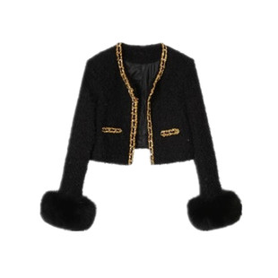 法式重工小香风短外套轻奢气质名媛千金亮丝编织毛毛袖口开衫上衣