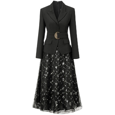 HUI卉西装式纱裙拼接礼服连衣裙