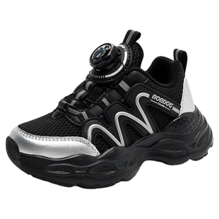 巴布豆男童鞋子春秋款2026新款网面透气网鞋儿童纽扣黑色运动鞋潮