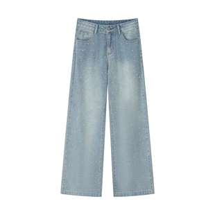 拉夏贝尔满天星烫钻直筒牛仔裤女春秋新款高腰显瘦做旧窄版阔腿裤
