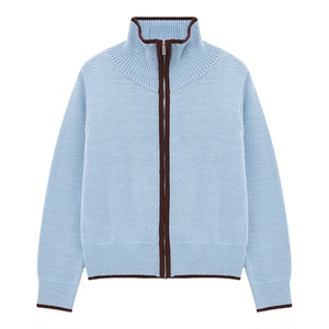 Basic House/百家好浅蓝撞色立领拉链针织开衫女春季宽松毛衣外套