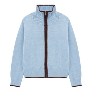 Basic House/百家好浅蓝撞色立领拉链针织开衫女春季宽松毛衣外套