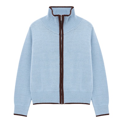 Basic House/百家好浅蓝撞色立领拉链针织开衫女春季宽松毛衣外套