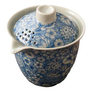 青花汝窑手抓壶家用功夫茶具单壶陶瓷防烫盖碗茶杯单个高档泡茶碗