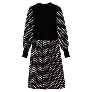 水云间黑色波点连衣裙女灯笼袖针织a字裙子复古祖母衣橱风2025冬