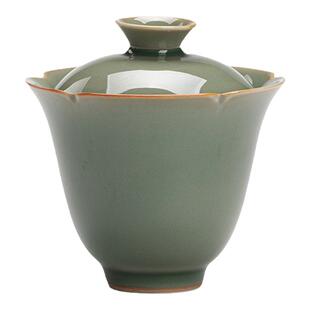 山海 耀州窑花口盖碗 越窑青瓷高款聚香泡茶碗 花边陶瓷茶具茶碗