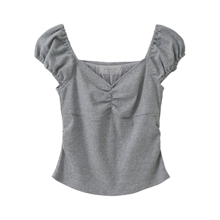 ROLAROLA新款纯棉泡泡袖中线褶皱修身短袖T恤甜美俏皮