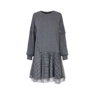 sdeer圣迪奥春秋装女装圆领格纹网纱拼接卫衣连衣裙S233Z12S9