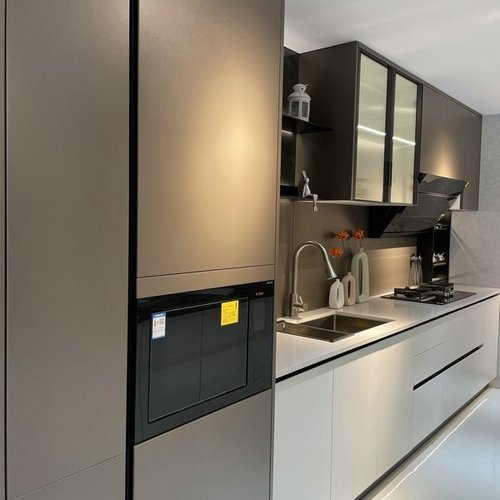 北京全屋定制橱柜万华禾香柜体与烤漆门板组合厨房橱柜开放式橱柜